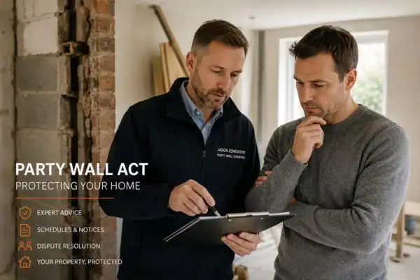 Party wall surveyor Colchester discussing extension plans with homeowner outside a UK semi-detached house.